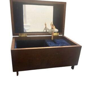 MCM handcrafted wooden musical jewelry box with a spinning ballerina figurine.